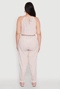 Womens Plus Wooden Beaded Detail Striped Jumpsuit, 3X