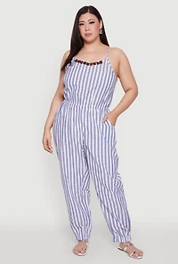 Womens Plus Size Wooden Beaded Detail Striped Jumpsuit, Blue, Size 2X