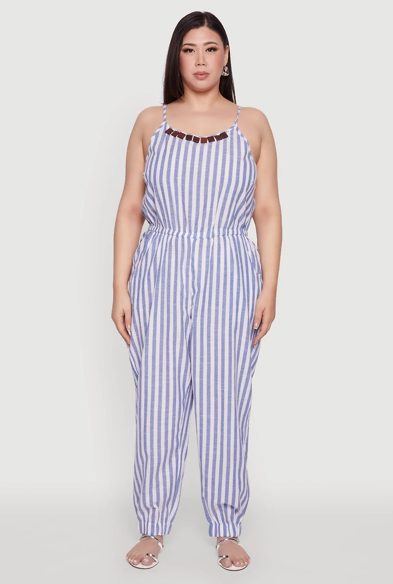 Womens Plus Size Wooden Beaded Detail Striped Jumpsuit, Blue, Size 2X