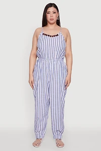 Womens Plus Size Wooden Beaded Detail Striped Jumpsuit, Blue, Size 2X