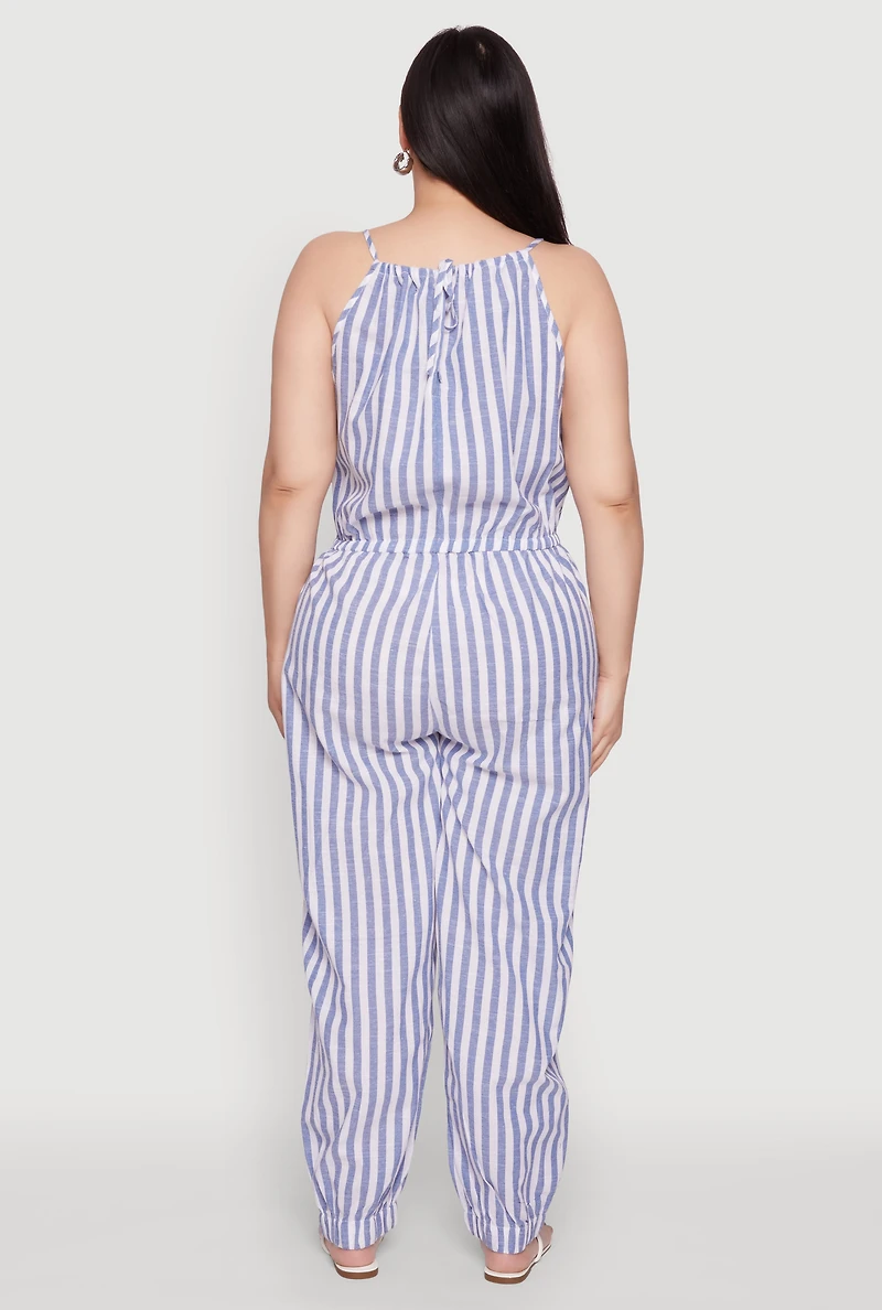 Womens Plus Size Wooden Beaded Detail Striped Jumpsuit, Blue, Size 2X