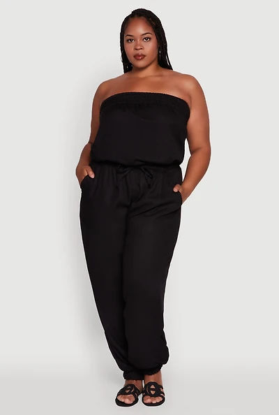 Womens Plus Size Strapless Tube Jumpsuit with Tie Waist, Black, Size 2X