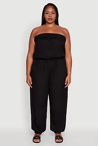 Womens Plus Size Strapless Tube Jumpsuit with Tie Waist, Black, Size 2X