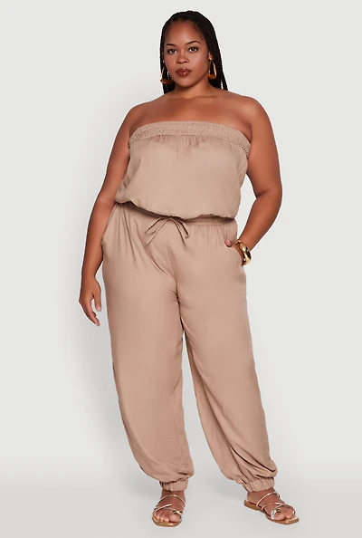 Womens Plus Size Strapless Tube Jumpsuit with Tie Waist, Beige, Size 3X
