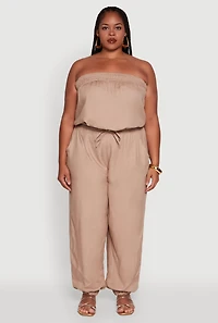 Womens Plus Size Strapless Tube Jumpsuit with Tie Waist, Beige, Size 3X