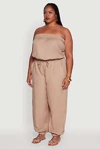 Womens Plus Size Strapless Tube Jumpsuit with Tie Waist, Beige, Size 3X