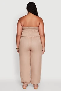Womens Plus Size Strapless Tube Jumpsuit with Tie Waist, Beige, Size 3X