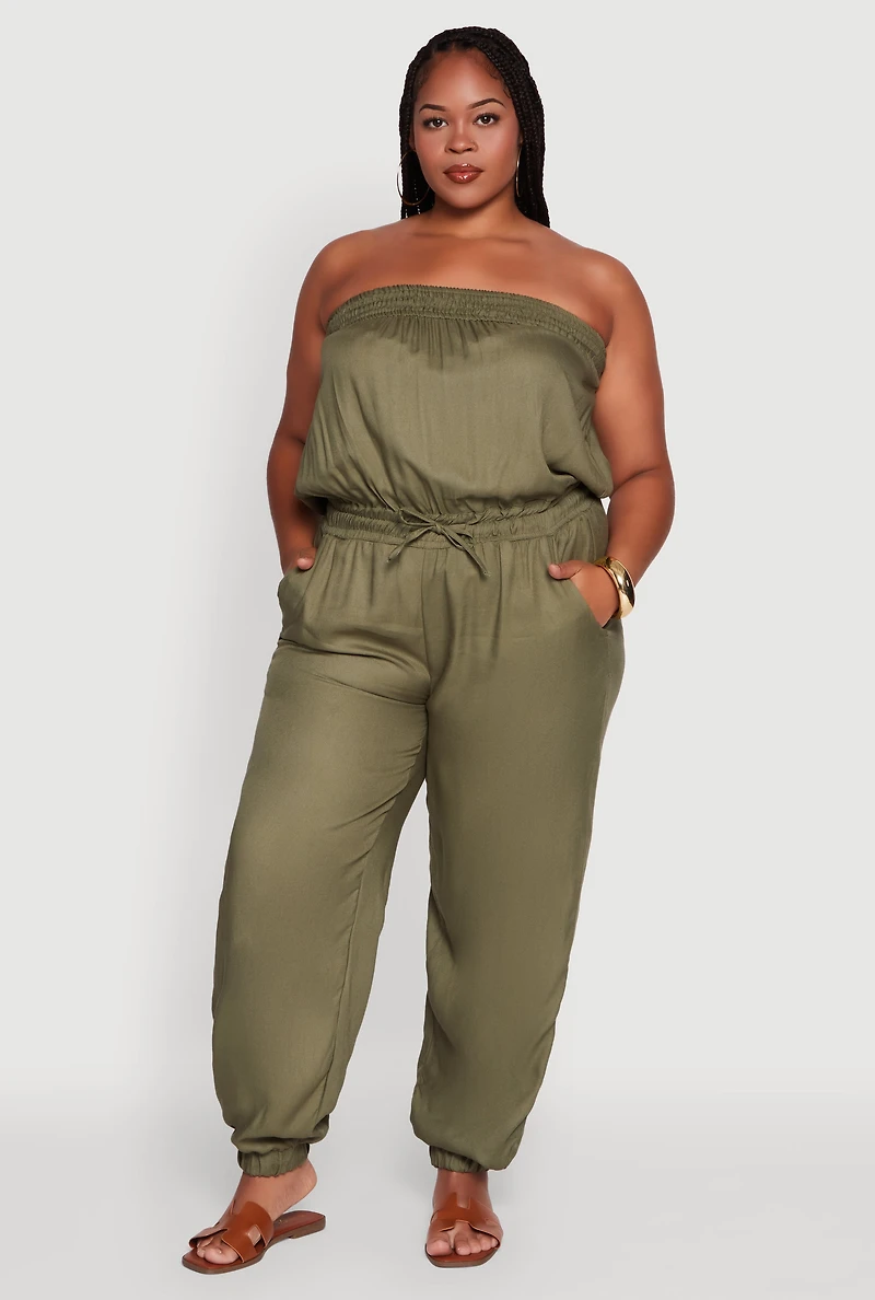 Plus Strapless Tube Jumpsuit with Tie Waist