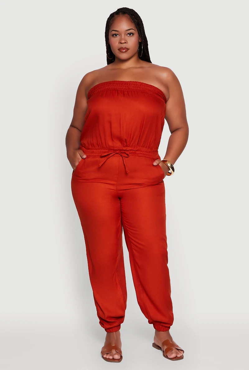 Plus Strapless Tube Jumpsuit with Tie Waist