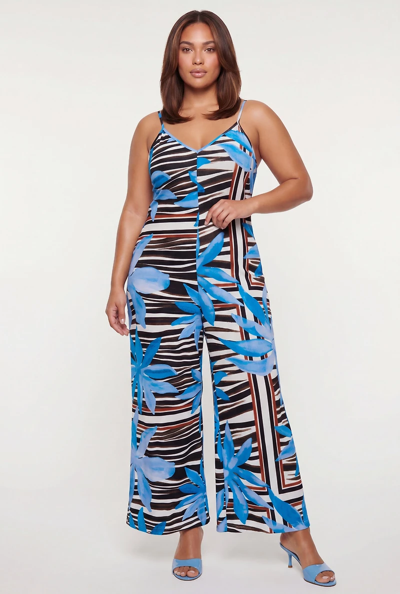 Plus Floral Print Sleeveless V Neck Wide Leg Jumpsuit