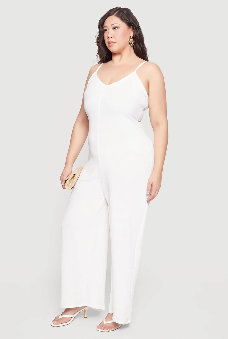 Plus Sleeveless V-Neck Wide Leg Jumpsuit