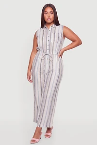 Plus Striped Drawstring Waist Sleeveless Jumpsuit