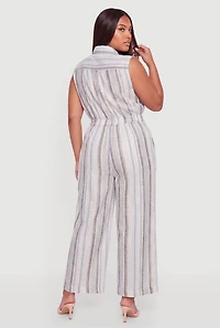 Plus Striped Drawstring Waist Sleeveless Jumpsuit