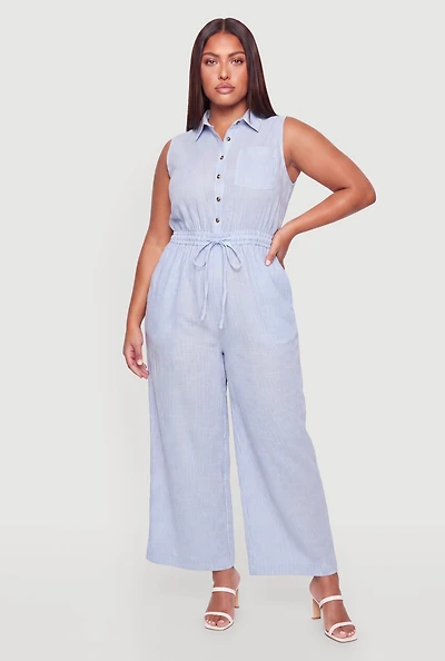 Plus Striped Drawstring Waist Sleeveless Jumpsuit