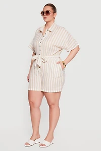 Plus Striped Button Front Tie Waist Belted Romper