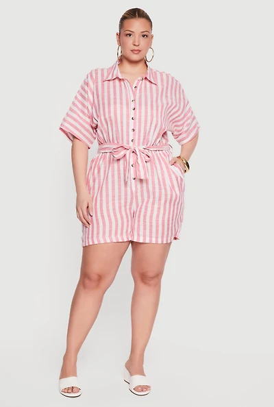 Plus Striped Button Front Tie Waist Belted Romper