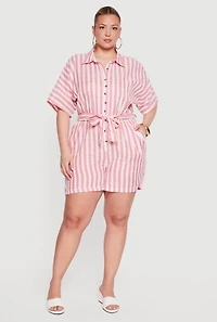 Plus Striped Button Front Tie Waist Belted Romper