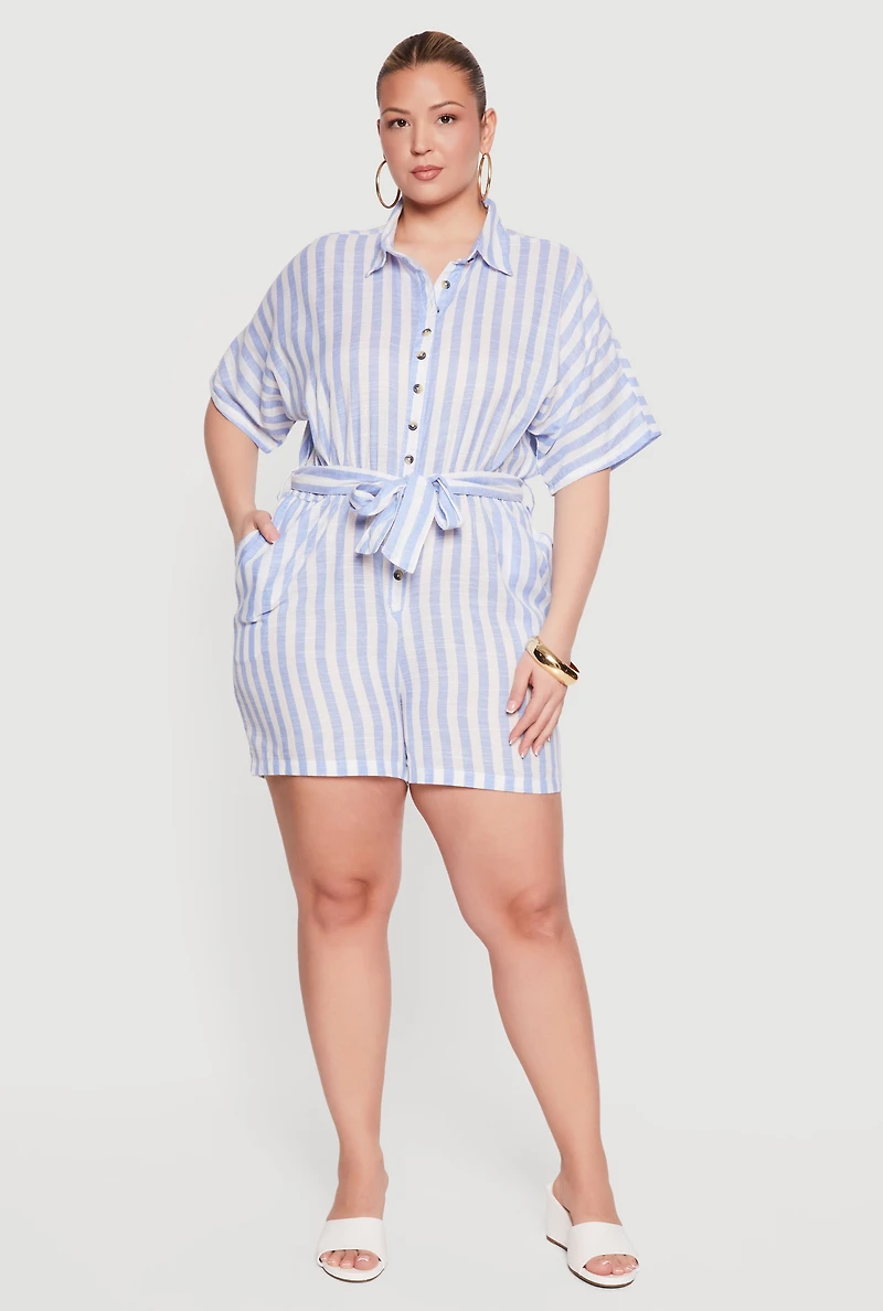 Plus Size Striped Button Front Tie Waist Belted Romper