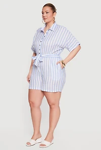 Plus Size Striped Button Front Tie Waist Belted Romper