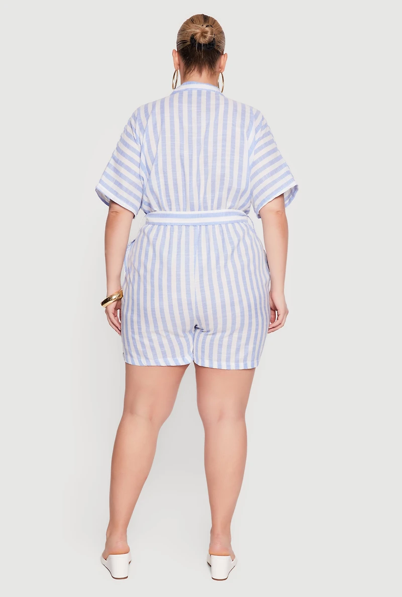 Plus Size Striped Button Front Tie Waist Belted Romper