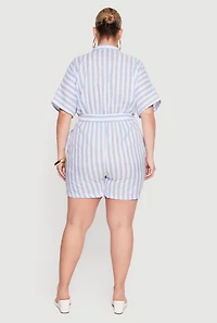 Plus Size Striped Button Front Tie Waist Belted Romper