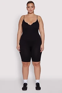 Plus Ribbed Knit Notch Neck Cami Romper