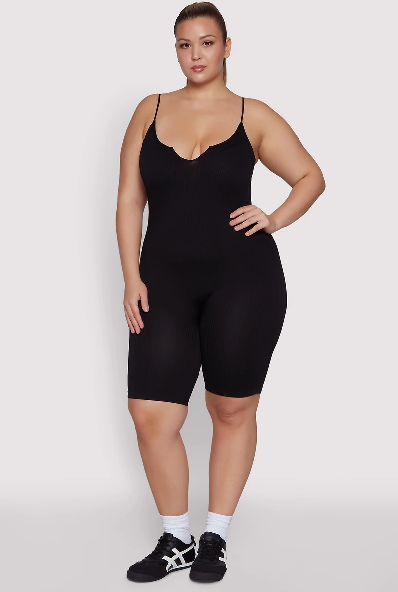 Plus Ribbed Knit Notch Neck Cami Romper