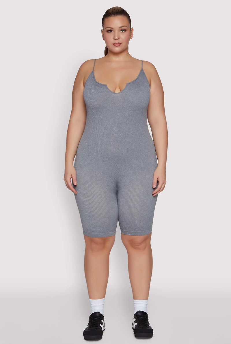 Womens Plus Size Ribbed Knit Notch Neck Cami Romper, Grey, Size 3X-4X