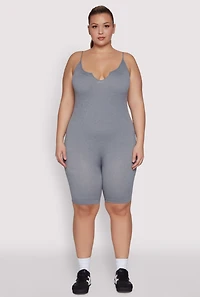 Womens Plus Size Ribbed Knit Notch Neck Cami Romper, Grey, Size 3X-4X