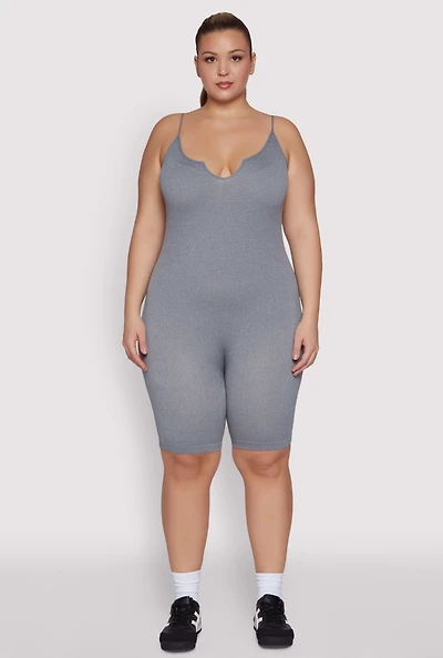 Womens Plus Size Ribbed Knit Notch Neck Cami Romper, Grey, Size 1X-2X