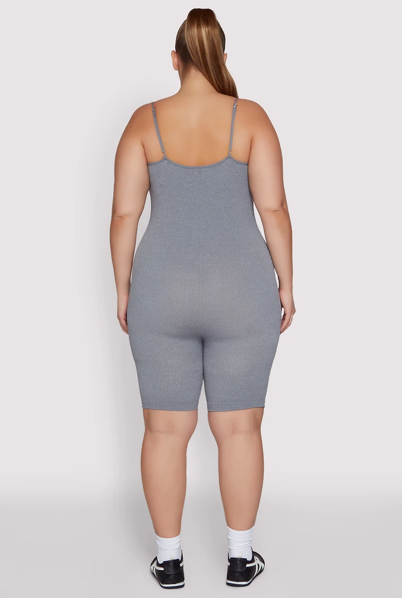 Womens Plus Size Ribbed Knit Notch Neck Cami Romper, Grey, Size 1X-2X