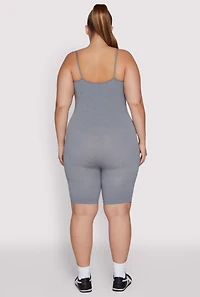 Womens Plus Size Ribbed Knit Notch Neck Cami Romper, Grey, Size 1X-2X