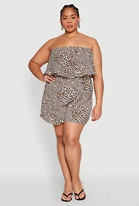 Womens Plus Size Leopard Print Ruffle Overlay Romper, Brown, Size 3X