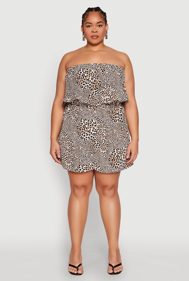 Womens Plus Size Leopard Print Ruffle Overlay Romper, Brown, Size 3X