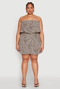 Womens Plus Size Leopard Print Ruffle Overlay Romper, Brown, Size 2X