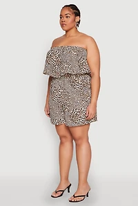 Womens Plus Size Leopard Print Ruffle Overlay Romper, Brown, Size 3X