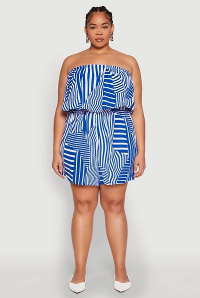 Womens Plus Size Assorted Stripe Print Ruffle Overlay Romper, Blue, Size 1X