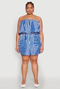 Womens Plus Size Assorted Stripe Print Ruffle Overlay Romper, Blue, Size 1X