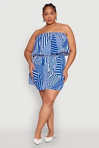 Womens Plus Size Assorted Stripe Print Ruffle Overlay Romper, Blue, Size 3X
