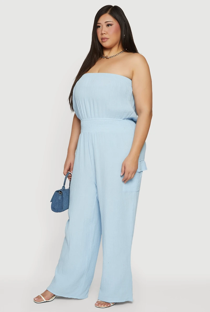 Plus Smock Waist Cargo Pocket Tube Jumpsuit