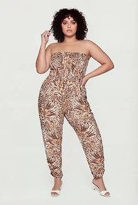 Plus Floral Animal Print Smocked Tube Jumpsuit