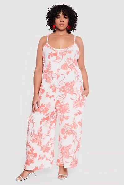 Plus Floral Scoop Neck Wide Leg Cami Jumpsuit