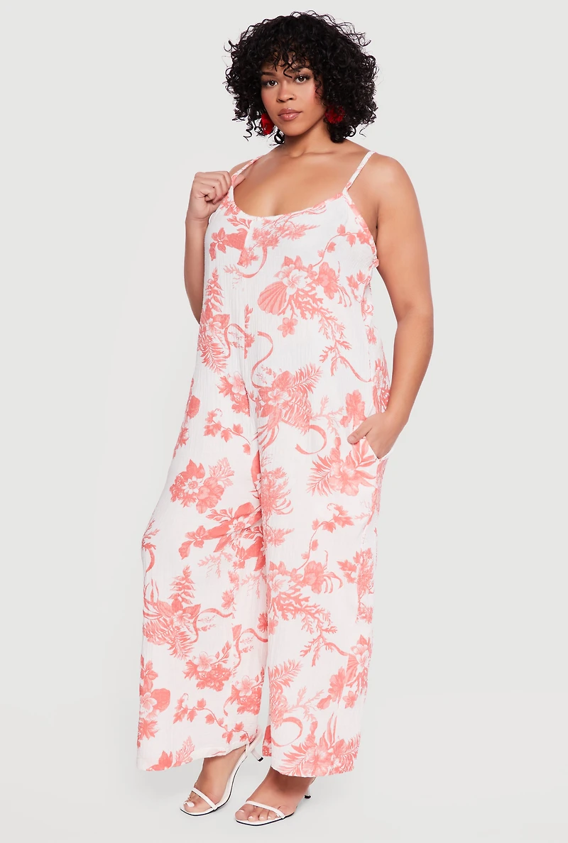 Plus Floral Scoop Neck Wide Leg Cami Jumpsuit