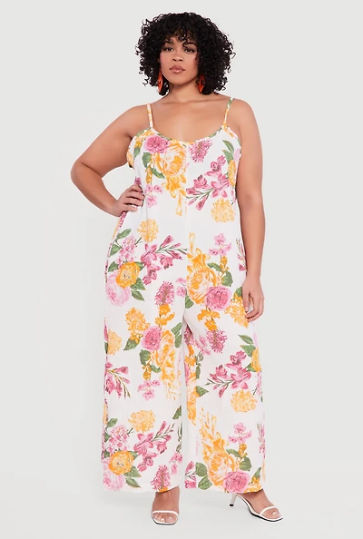 Plus Gauze Knit Floral Scoop Neck Jumpsuit