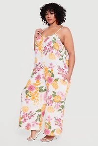 Plus Gauze Knit Floral Scoop Neck Jumpsuit