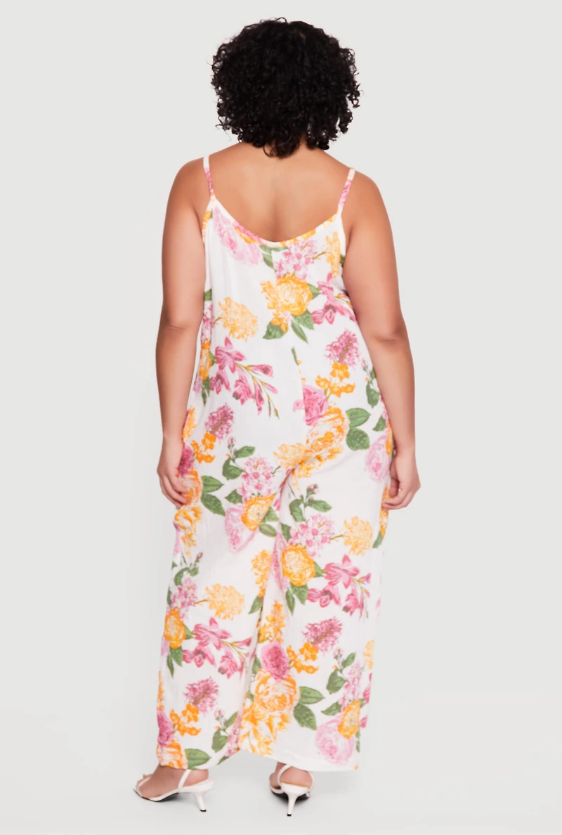 Plus Gauze Knit Floral Scoop Neck Jumpsuit