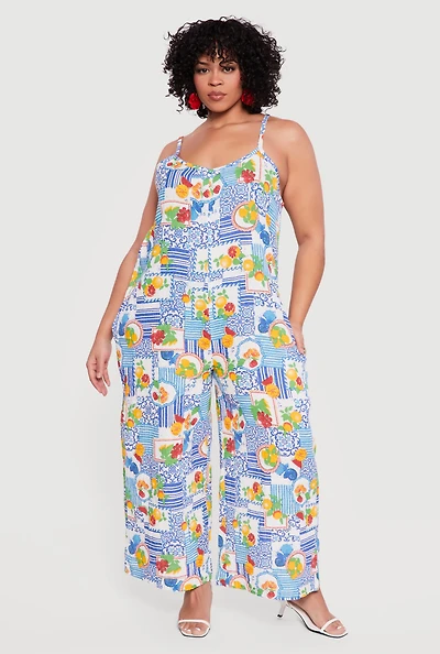 Plus Gauze Knit Patterned Scoop Neck Jumpsuit