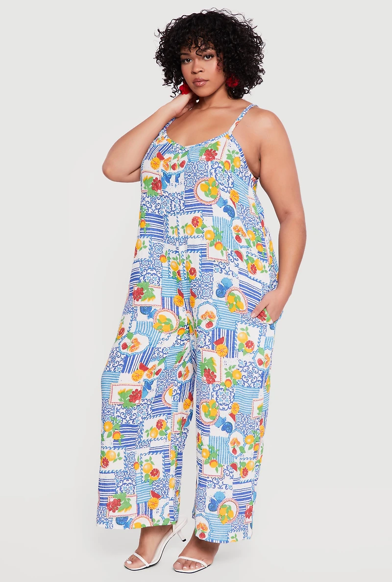 Plus Gauze Knit Patterned Scoop Neck Jumpsuit