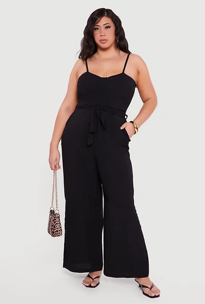 Plus Wide Leg Cami Jumpsuit with Tie Waist Belt