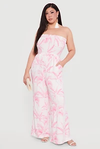Plus Smocked Top Palm Tree Print Jumpsuit
